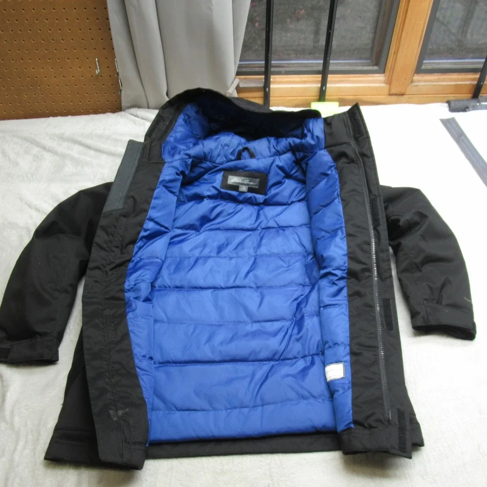 Eddie‎ Bauer Down Jacket Kids Large 12 Black Weather Edge Hooded Insulated Parka